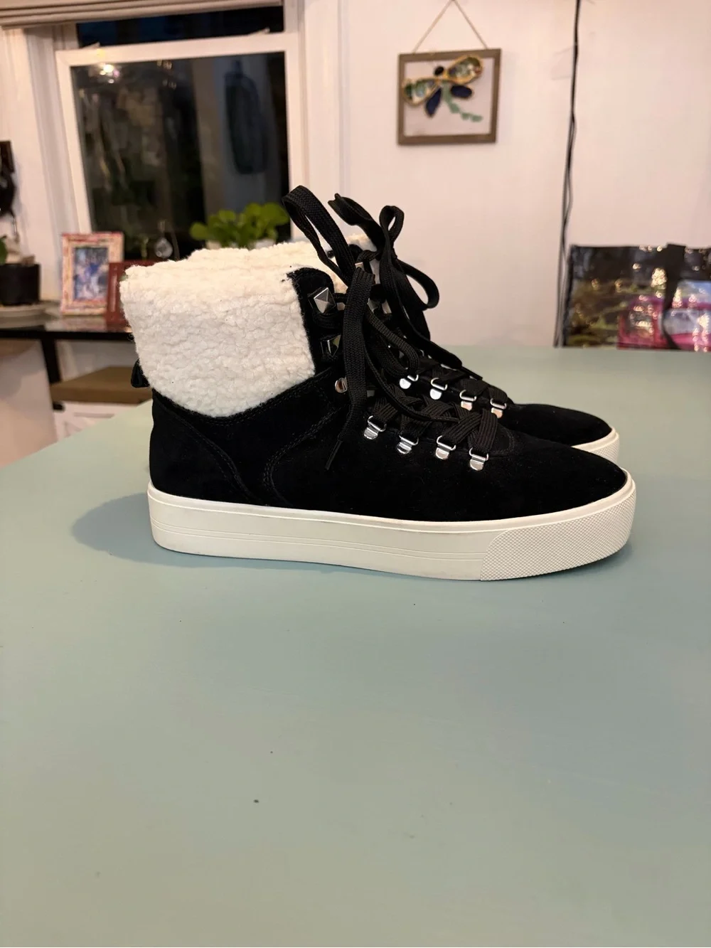 Marc Fisher Black Suede Ankle Booties with White Sherpa Collar